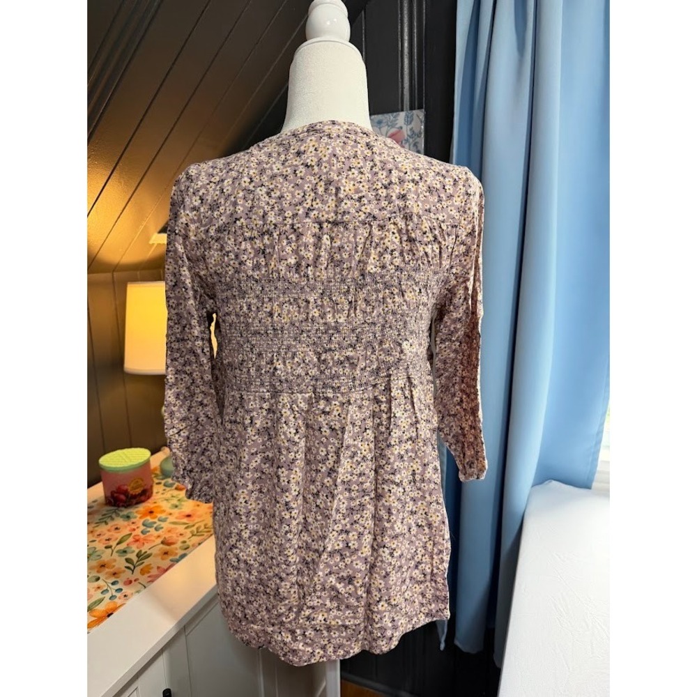 Knox Rose Purple Floral Smocked Button Front Blouse Boho Rayon Top Womens L - Picture 2 of 11